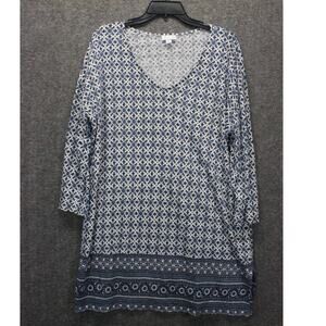 J Jill Love Linen Tunic Top Size Large Tall Blue White Floral 3/4 Sleeve